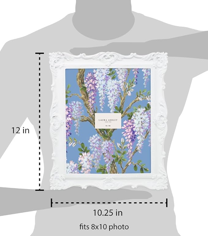 Laura Ashley 8x10 White Ornate Textured Hand-Crafted Resin Picture Frame with Easel & Hook for Tabletop & Wall Display, Decorative Floral Design Home Décor, Photo Gallery, Art, More (8x10, White)
