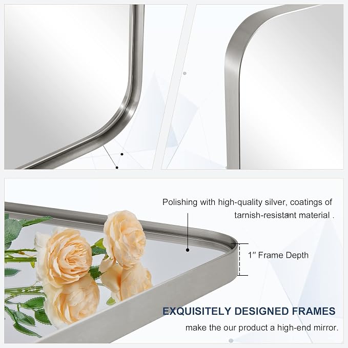ANDY STAR Wall Mirror Brushed Nickel for Bathroom, 24x36x1 Rounded Rectangle Mirror with Stainless Steel Silver Metal Frame, Modern Bathroom Vanity Mirror