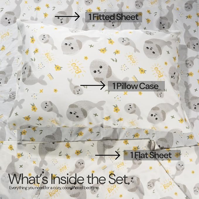 Salt Earth 100% Cotton 210TC Kids Bedsheet, Twin Sheets Set for Toddler Bed, 3 Piece Bedding Set Including Flat Sheet, Fitted Sheet, and Pillowcase, Themed Sheets for a Playful Kids Bed (Seal)