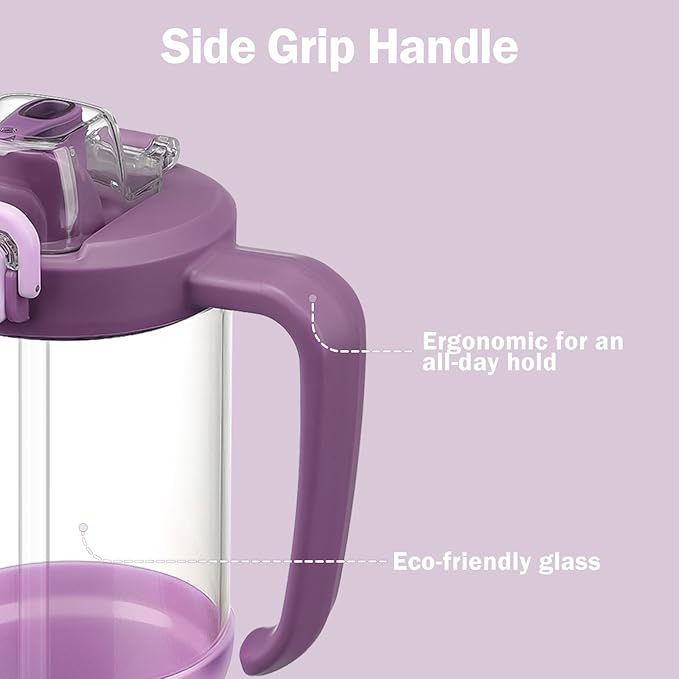 32oz Glass Water Bottle, 2-in-1 Straw and Sip Spout Lid, Leakproof Wide Mouth Tumbler with Handle, BPA-Free Reusable Bottle for Sports, Office, Outdoor, Lilac