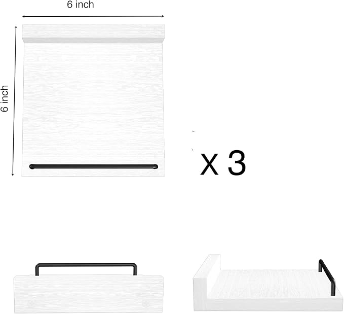 RYOFOBETTO Small Floating Shelf, 6 X 6 Inches Farmhouse Wall Shelves for Living Room, Bedroom, Picture Frames, Plants, Kitchen, Set of 3 (White and Black)