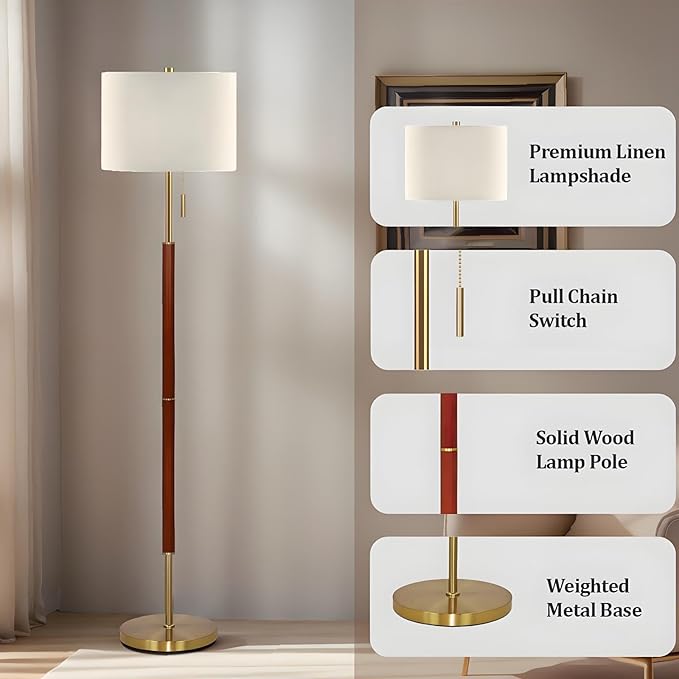 62" Walnut Gold Floor Lamp for Living Room, 1200LM 3-Way Dimmable Mid Century Modern Floor Lamp for Bedroom Office, Wood Vintage Standing Lamp Linen Shade, LED Bulb Included