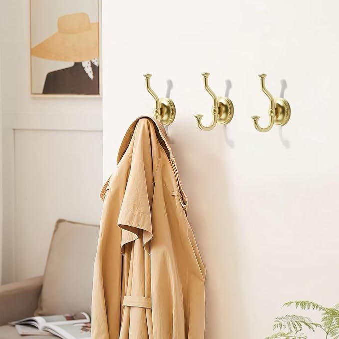 khtumeware 3 Pack 4-1/2 inch Zinc Alloy Vintage Wall Brushed Gold Large Coat Hooks Suitable for Tile, Wood Board, Glass Walls, Bathroom, Entrance Hall, Kitchen, Multi-Functional Robe Hooks