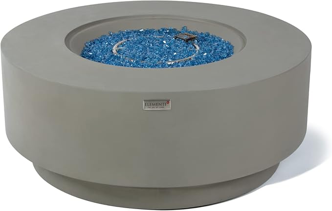 Elementi+ | Colosseo Gas Fire Pit Cast Concrete 40" Dia. Round Fire Table, Outdoor Fire Pit Electronic Ignition | Canvas Cover, Fire Glass and Burner Lid Included | Light Gray | Natural Gas