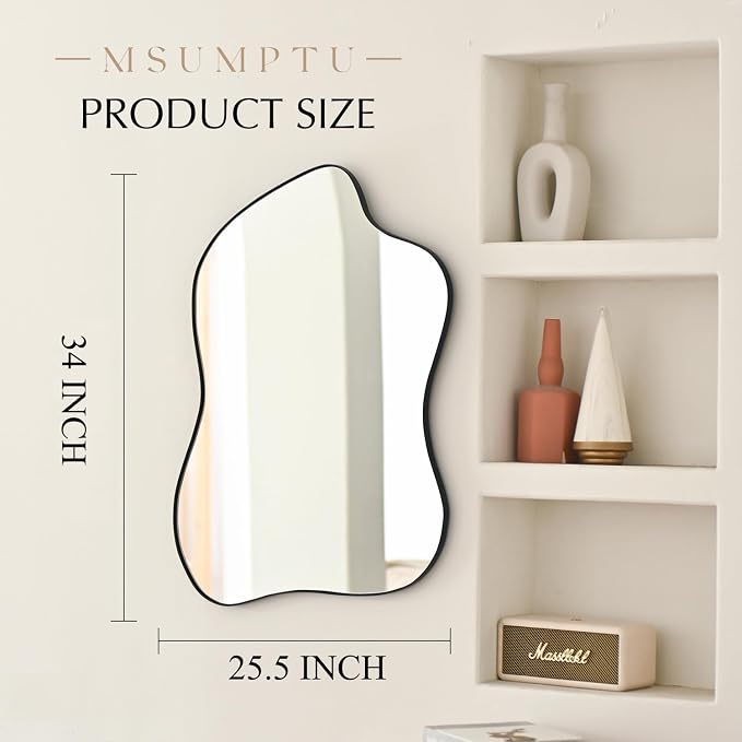 Irregular Wall Mirror Black Wave Shaped Metal Framed Wall Mirror for Bathroom Bedroom Entryway Living Room Wall Decor 34" L x 25.5" W 2302B
