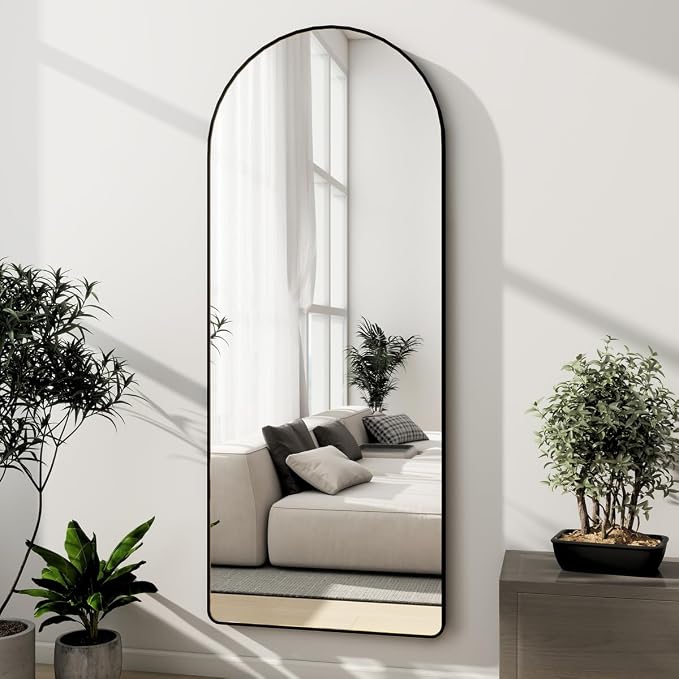 Degfig Arched Full Length Mirror, 64"X21" Floor Length Mirror with Aluminum Alloy Frame, Full Body Mirrors with Stand, Hanging or Leaning Mirrors for Living Room, Bedroom, Black,Round Corner