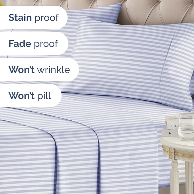 Sky Blue and White Striped Sheets - 1 Flat & 1 Fitted Sheet & 2 Pillowcases w/ Deep Pockets - Comfy, Wrinkle & Fade Free - Soft, Breathable and Cooling - Pinstripe Patterned Bedding - Queen Size