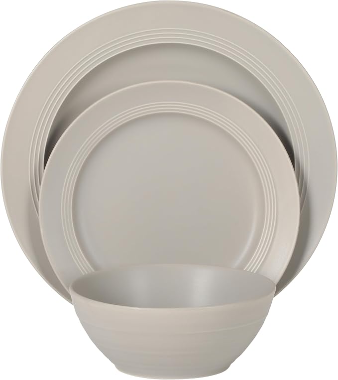 Gibson Elite Soleil 12 Piece Chateau Grey Stoneware Dinnerware Set for 4, Plates and Bowls Set with Dinner Plates, Salad Plates and Bowls