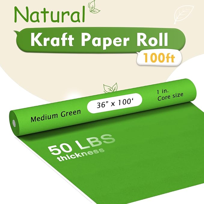 BAIJIALI 36" x 2,400" (200') Kraft Paper Roll for Craft Bulletin Board Paper Art Table Covering Crafting Gift Wrapping Bouquet Packing Parcel (Medium Green, 36" x200')