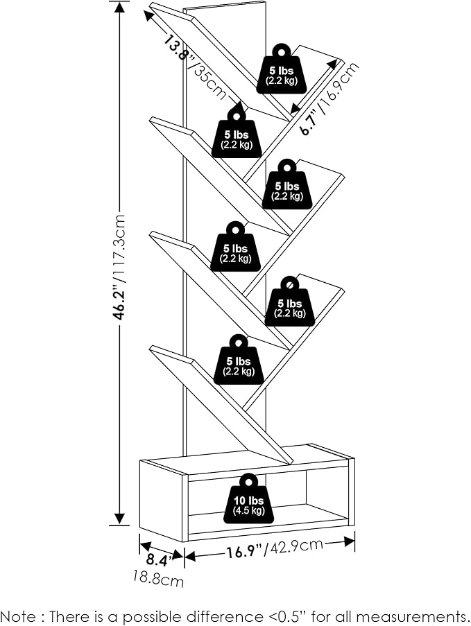 Furinno Tree Book Shelf, 7-Tier Bookshelf, Tree Bookcase with Bin Drawer, 8.4 x 16.9 x 46.2, for Living Room, Bedroom, Home Office, Amber Pine/Black