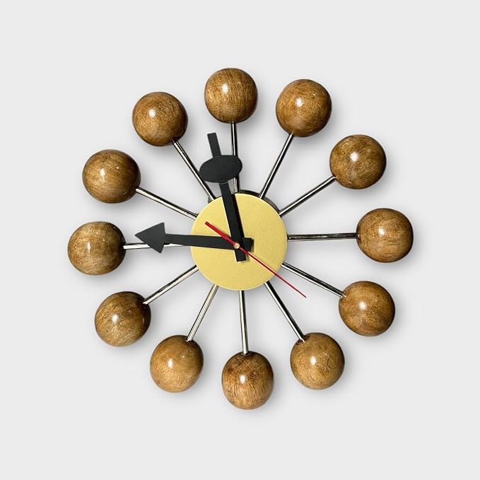 Mid Century Modern Ball Clock – George Nelson Style Wooden Wall Clock, Retro Starburst Design, Silent Non-Ticking Decorative Wall Decor for Living Room, Office, Kitchen & Home (Natural Brown, 24 Inch)