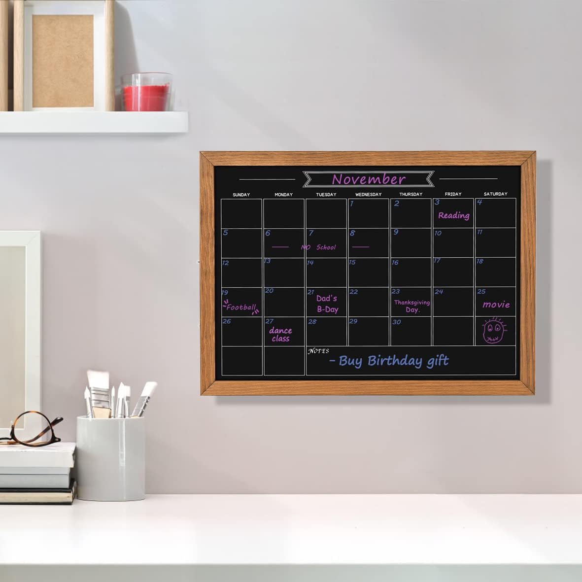 Skiennix Calendar Chalkboard - 10.6" x 14.6" Magnetic Rustic Brown Pine Wood Frame for Planning & Memo