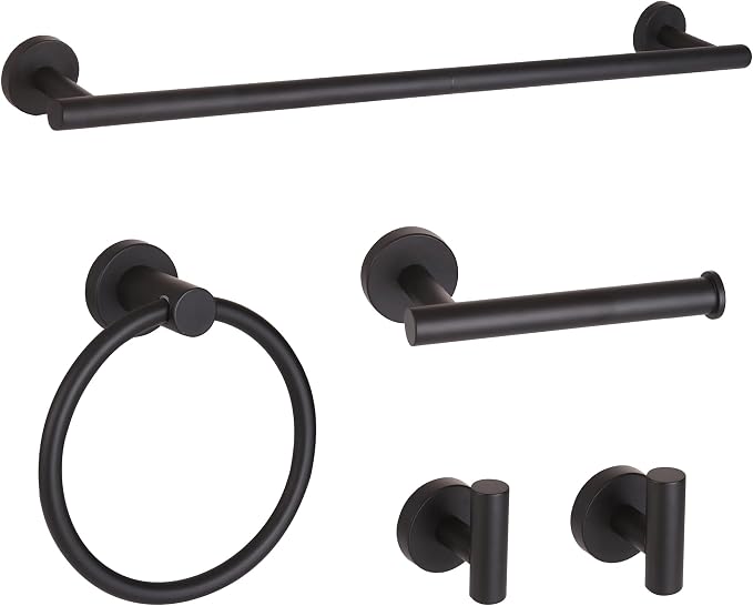 Matte Black Bathroom Hardware Set, Modern 24-Inch Towel Bar Set Wall Mounted, Towel Rack Set Black,Stainless Steel Bathroom Accessories Set Black,5-Pieces