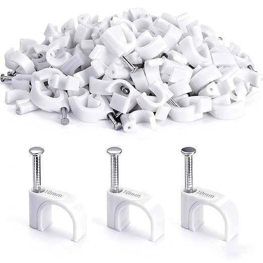 100PCS Cable Staples,10mm Cable Clips White,Cable Wire Clips Nail in Clips for Round Ethernet Cables Wall Clips Cable Tacks Electrical Wire TV Cable Speaker Wire Coax Clips (100Pcs 10mm)