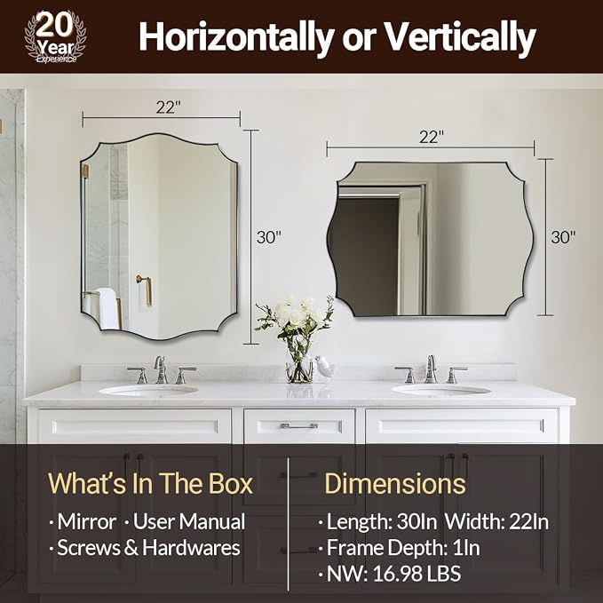 ANDY STAR Chrome Bathroom Mirror, 22x30 Inch Polished Nickel Vanity Mirror, Modern Scalloped Mirror for Bathroom with Anti-Rust Stainless Steel Frame, Hangs Vertical or Horizontal