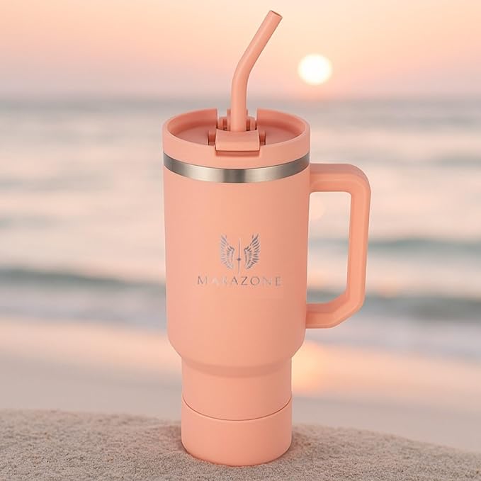 40 oz Insulated Tumbler with Handle and Straw – Double Wall Stainless Steel Vacuum Cup | Car Cup Holder Fit | Hot Cold Travel Mug | BPA Free Reusable Water Bottle Gift for Her (Sunset Pink)