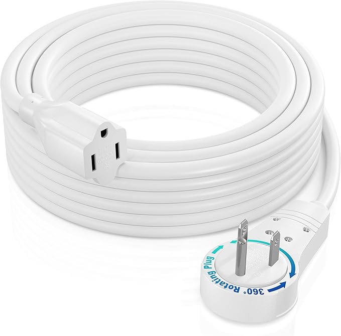 Maximm Extension Cord 25 Ft – 360° Rotating Flat Plug, 3-Prong Grounded, Heavy Duty 14AWG Wire – UL Certified, Indoor Power Cable – Ideal for Long Reach & Tight Spaces – White