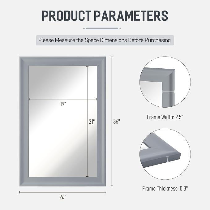 Bathroom Mirror for Wall,Rectangle Rustic Gray 24 x 36 inch Hanging Vanity Mirrors for Living Room,Bedroom,Entryway