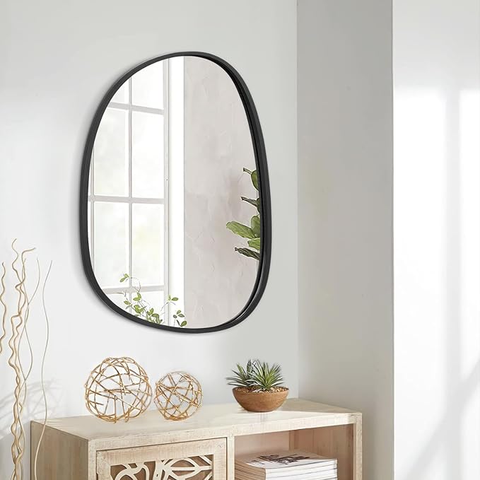 Asymmetrical Decorative Black Mirror for Wall Large Modern Oval Wooden Framed Wall Mirror Unique Shape Wall Mounted Vanity Artistic Wavy Mirror for Living Room Bedroom Bathroom Entryway 26"x18"