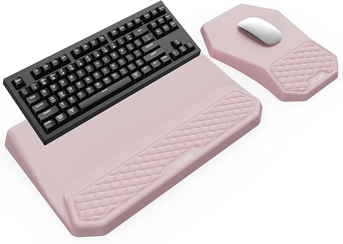 3-in-1 Ergonomic Keyboard Stand with Wrist Rest & Mouse Pad Set, Comfy Keyboard Riser Holder Soft Mousepad with Massage Design, Memory Foam and Non-Slip PU Base for Pain Relief, Pink