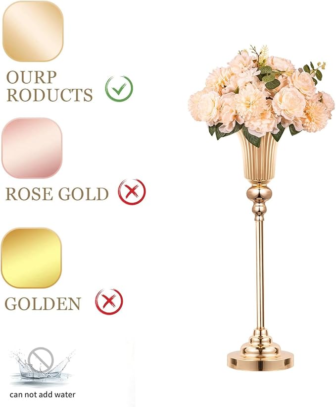 Gold Trumpet Vases for Table Centerpieces - 2 Pcs 22.4" Tall Versatile Metal Trumpet Vase Tabletop Flower Stand for Party Dinner Anniversary Ceremony Centerpiece Event