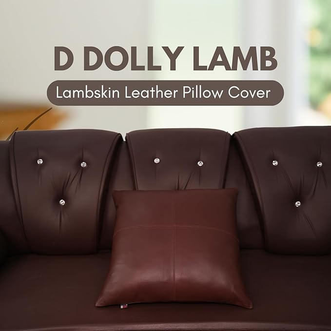 D DOLLY LAMB Lambskin Leather Pillow Cover - Sofa Cushion Case - Decorative Throw Covers for Living Room & Bedroom, 18x18 Inches - Dark Brown Plain Pack of 1