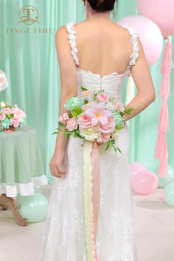 TINGE TIME Wedding Bouquets for Bride, 9 Inch Handcrafted Silk Bridal Flowers Bouquets for Wedding Ceremony, Gift for Bridesmaid, Bouquet for Party Church Decoration,and Romance Gifts (MintGreen&Pink)