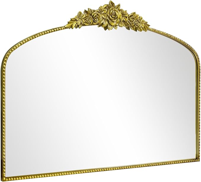 Antique Gold Arched Wall Mirror, 48"x30" Baroque Vintage Mirror with Ornate Metal Frame, Large Traditional Home Decor Bathroom/Wall/Vanity/Mantel/Bedroom/Entryway/Hallway