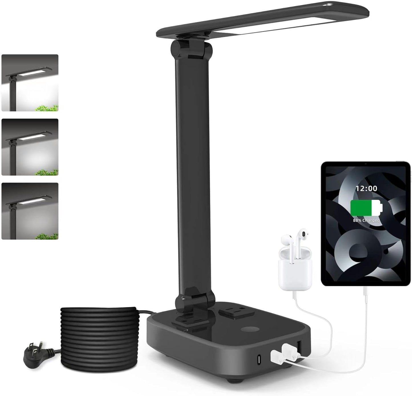 Yostyle LED Desk Lamp - 4 USB Charging Ports & 2 AC Outlets | 3-Level Brightness, Touch Control