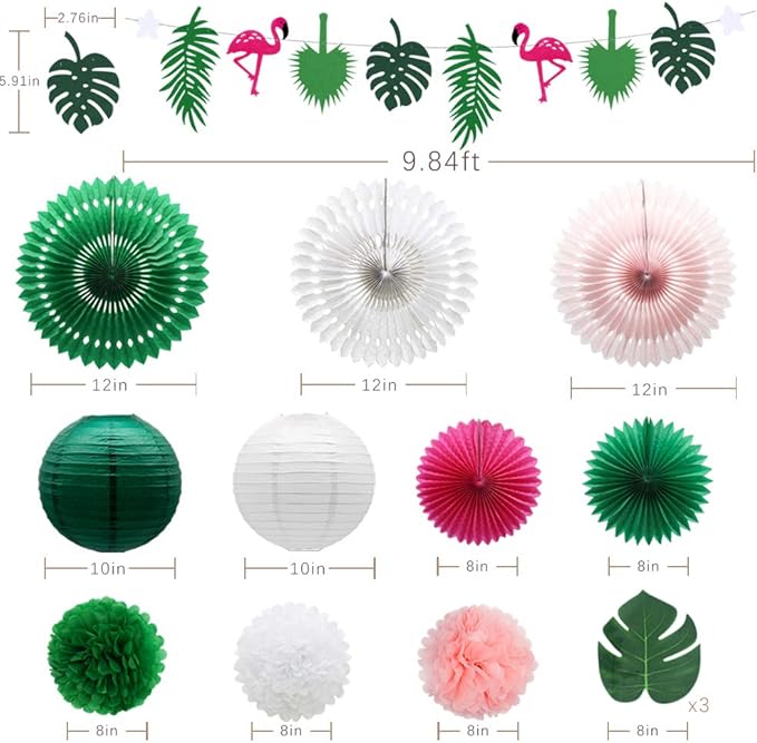 Tropical Flamingo Palm Leaves Party Decorations with Paper Fans Paper Lanterns Pom Poms Flowers for Birthday Bridal & Baby Shower Bachelorette Hawaiian Beach Pool Summer (Green)