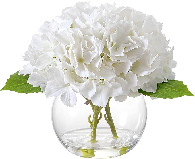 Artificial Hydrangea with Fake Water in Vase, Real Touch Faux Flowers, Silk Fake Hydrangea Flower Arrangement with Faux Water for Home Office Bathroom Wedding Table Centerpiece Decor(White)