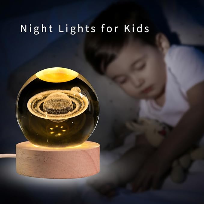 3D Saturn Crystal Ball with LED Stand, 60mm Glass Sphere Decorative Balls Lamp, Space Planet Model Galaxy Night Light Gifts for Women Kids