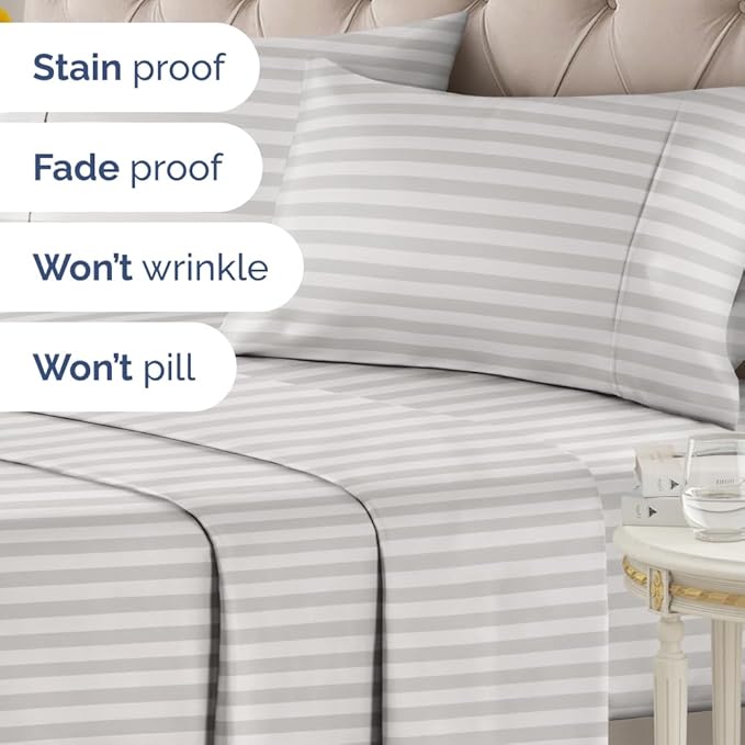 Grey Striped Sheets - 1 Flat & 1 Fitted Sheet & 2 Pillowcases w/ Deep Pockets - Comfy, Cozy, Wrinkle & Fade Resistant - Ultra-Soft, Breathable and Cooling - Luxury Pinstripe Bedding - King Size
