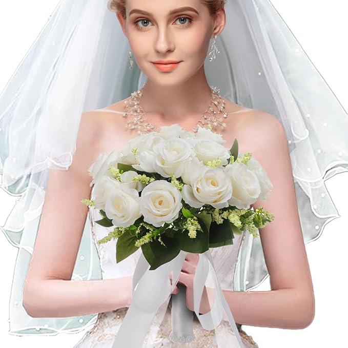 CYANLUX Wedding Bouquets for Bride Bridesmaid Bouquet Champagne White Artificial Roses Flowers for Wedding Valentine's Day Church Home Decoration (1#White)…