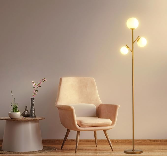 Fiqevs 3 Globe Mid Century Floor Lamp, Vintage Standing Lamp with 3 LED Bulbs & Sphere Frosted Glass Shades, Modern Gold Tree Floor Lamp for Living Room, Bedroom, Office