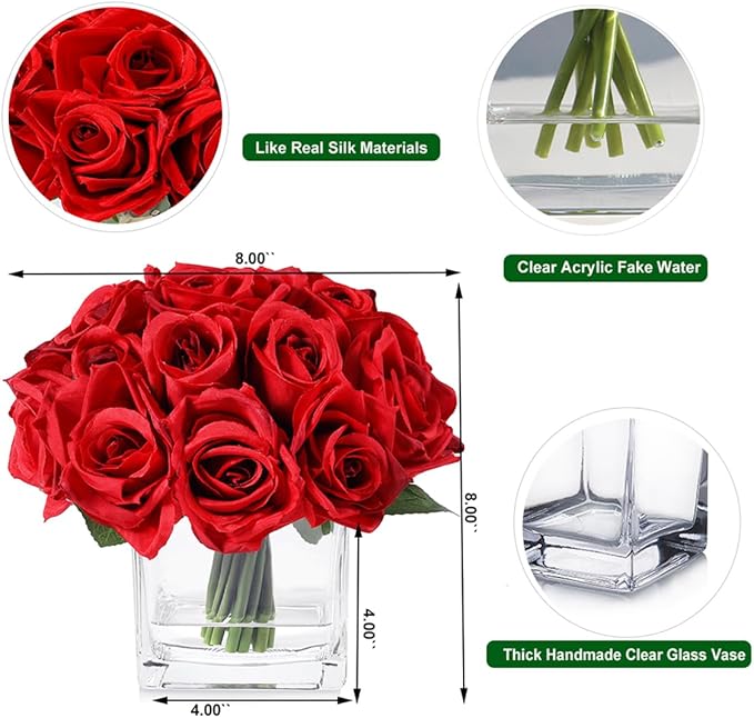 18 Heads Red Rose Fake Flowers in Vase with Fake Water, Silk Rose with Vase for Dining Table Bedroom Wedding Decor (Red)