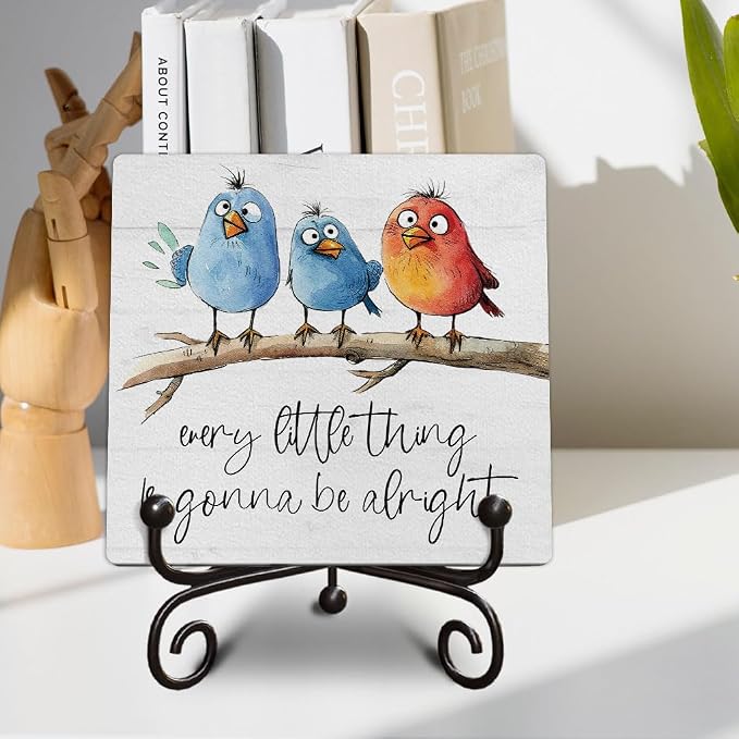 Funny Adorable Birds Wooden Desk Sign Gift, Every Little Thing Is Gonna Be Alright Positive Quotes Wooden Plaque Decor Uplifting Table Gifts, 5x5 Inches -K29