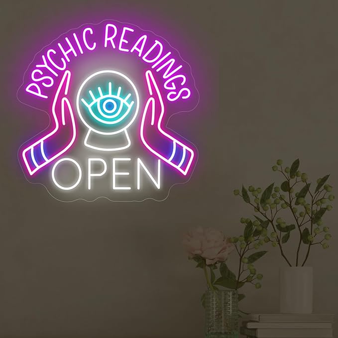 Psychic Readings Open Neon Sign, Palm Reader Wall Light, Home Wall Decor, Yoga Led Sign, Exercise Room Wall Decor, Pilates Studio Art Meditation Room Wall Art Psychic Chakras Healing Exercise