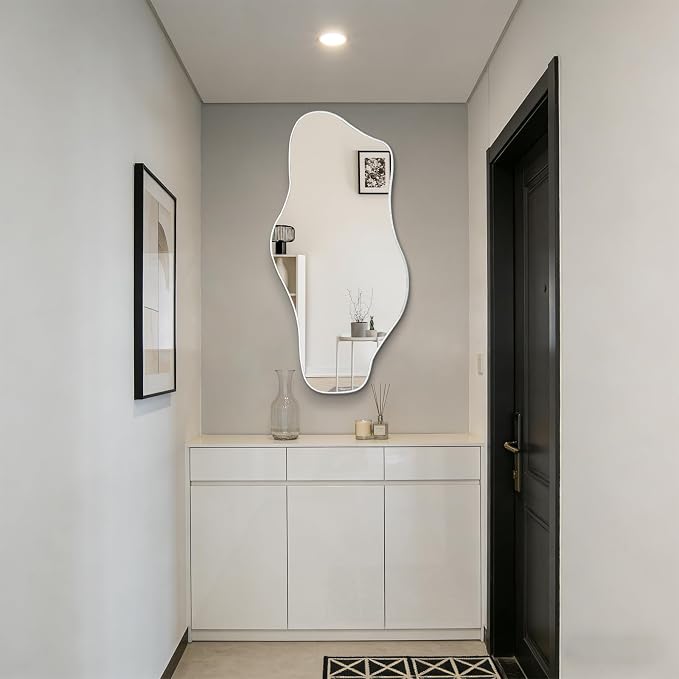 Irregular Frameless Mirror, 47.2"x24" Silver Asymmetrical Tempered Glass Mirror, Organic Shaped Wall Mirrors for Entryway Bedroom Living Room Bathroom, Horizontal or Vertical Hanging