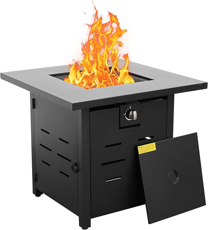WAROOM Outdoor Propane Fire Pit, 28 Inch Patio Firepit Table with Fire Glass, and Waterproof Cover, for Outside Parties and Gatherings on Patio Garden Backyard Porch