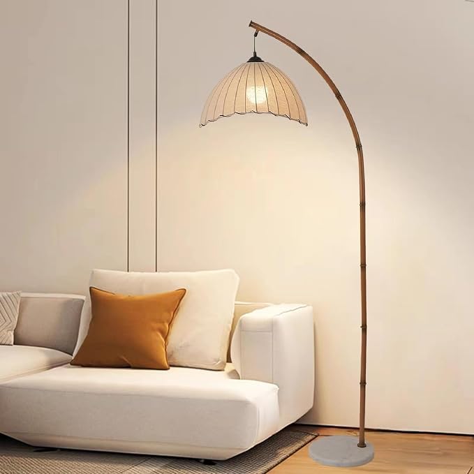 Bamboo Floor Lamp, Mid Century Rattan Retro Standing Light with 3 Color Temperatures, Bohemian Style LED Tall Lamp for Living Room Bedroom Office