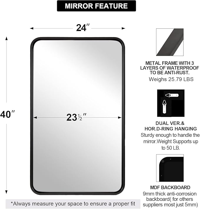 ANDY STAR 24x40 Inch Bathroom Vanity Mirror, Black Rounded Rectangle Bathroom Mirror in1 Inch Tube Metal Frame Wall-Mounted Horizontal/Vertical