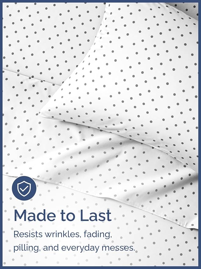 Kids Full Size Polka Dots Bed Sheets - 4 Piece Kids Black Dots Sheet Set - Spotty Patterned Bedding - Soft & Cozy - Breathable & Machine Washable - Easy-Care Bed Set for Boys, Girls, Teens & Toddlers