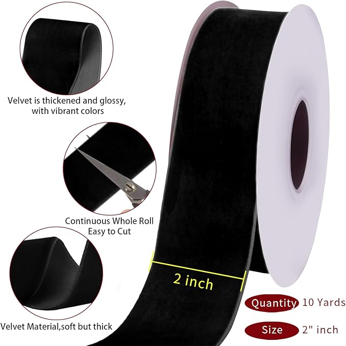 10 Yards Black Velvet Ribbon 2 Inch for Christmas Tree,Velvet Christmas Ribbon for Gift Wrapping Crafts Bow Wreath Holiday Decorations (Black)
