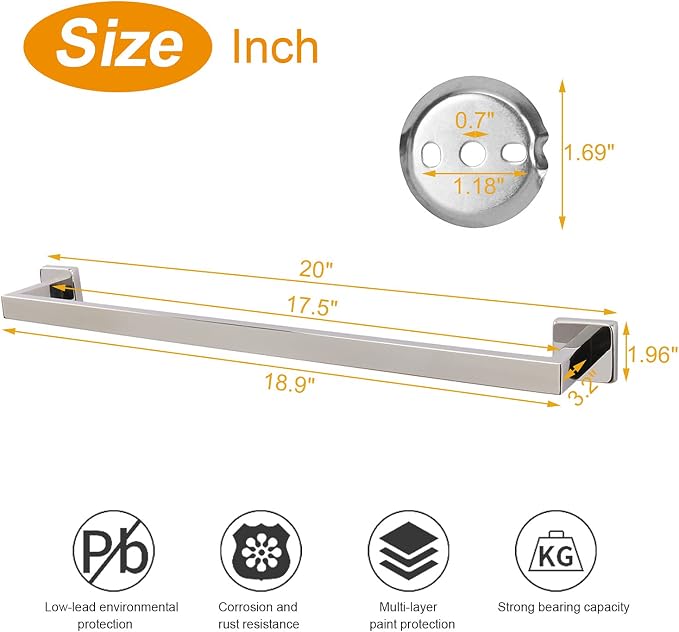 TocTen Bath Towel Rack - Square Base Thicken SUS304 Stainless Steel Towel Bar for Bathroom, Bathroom Accessories Towel Rod Heavy Duty Wall Mounted Towel Holder. (Chrome, 20)
