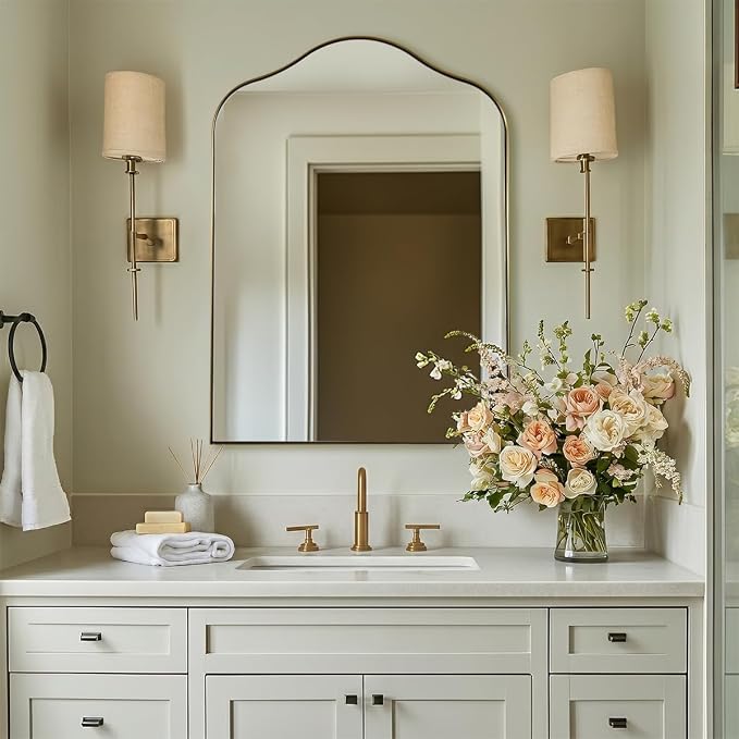 ANDY STAR Brass Scalloped Arched Wall Mirror, 22x30 Brushed Gold Irregular Bathroom Mirror with Curved Design for Vanity, Powder Room, Fireplace, Mantel, Stainless Steel Frame, Rustproof