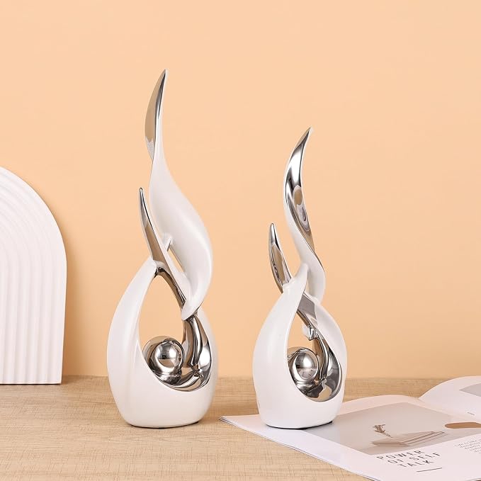 2 PCS White Silver Ceramic Statues For Home Decor Accents, Modern Abstract Art Sculptures, Elegant Tabletop Decorative Objects For Dining Room, Entryway, Tv Stand, Mantel, Coffee Table Centerpieces