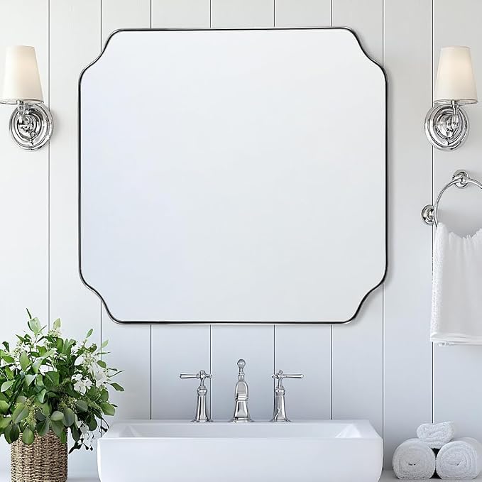 ANDY STAR 30"x30" Chrome Square Mirror, Polished Nickel Scalloped Bathroom Mirror for Over Sink, Modern Decorative Mirror with Designer Rounded Notched Corners, Anti-Rust SUS304 Frame