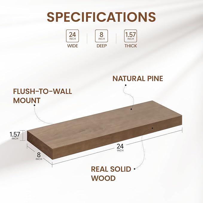Heimlove Solid Wood Floating Shelves 24 inch, 8 Inch Deep Display Shelves Set of 2, Wall Mounted Floating Shelf with Invisible Brackets for Bathroom Bedroom Kitchen Living Room - American Walnut
