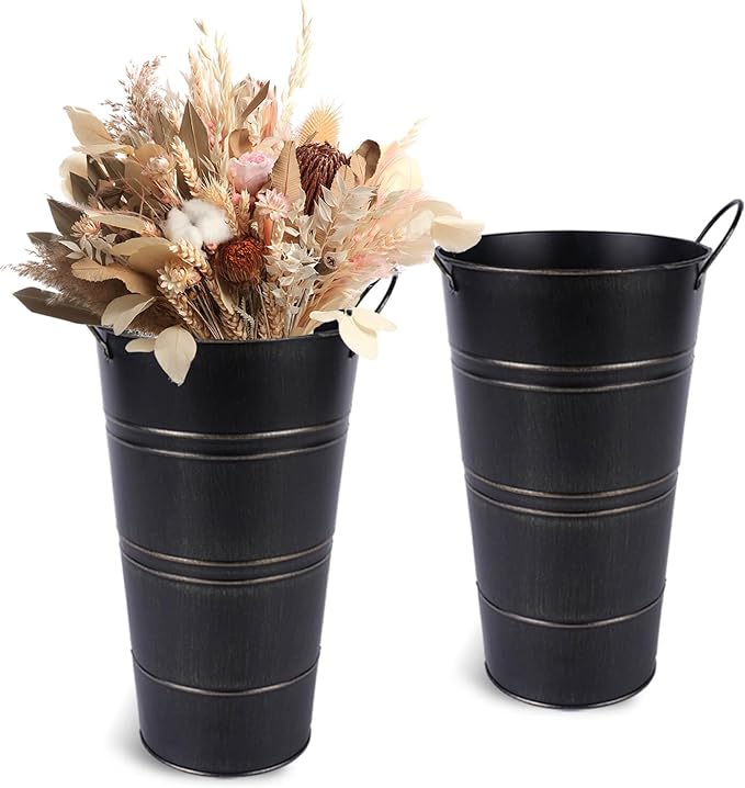 12 Inch Galvanized Metal Vases for Flowers - 2 Pcs Farmhouse Decorative Tall Flower Bucket with Handles, Rustic French Tin Planter Buckets for Wedding Decor (Black)